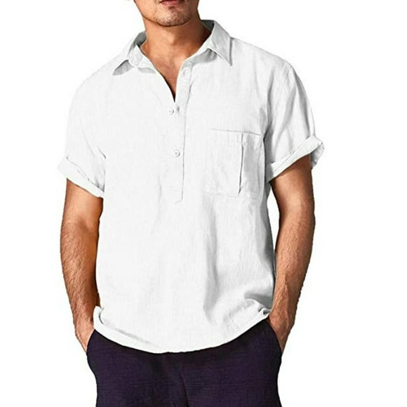 Pandapang Mens Solid Color Cotton Linen Half Sleeve Button Front Shirts 